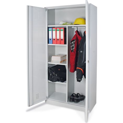BRB Aktenschrank/Kleiderschrank Kombination, Hutboden, Kleiderstange, Trennwand und 3 Böden, HxBxT 1950x925x420 mm, komplett lichtgrau RAL 7035 (1/2)