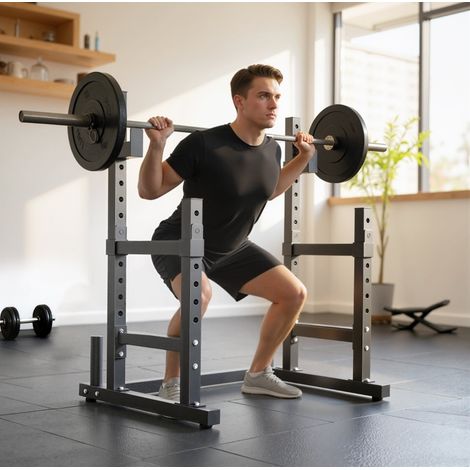 Rack à haltères 2 niveaux 110x91x145 cm en acier noir modulable pour home gym FloraGrace (1/5)