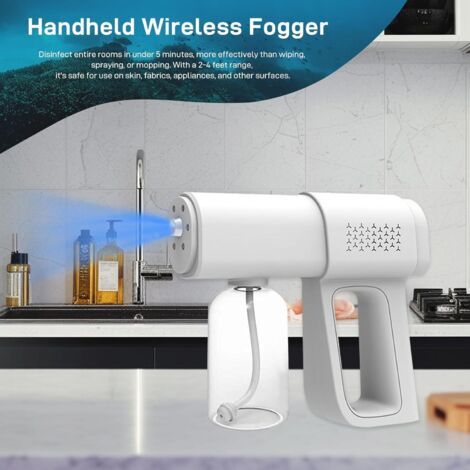 Pulvérisateur désinfectant professionnel, pistolet pulvérisateur sans fil à particules fines de 380 ml, pulvérisateur désinfectant portable à lumière bleue, pour la désinfection sans contact (blanc). (1/3)