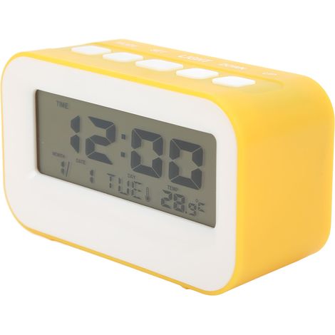 Réveil enfant LCD avec rétroéclairage, alarme musicale, fonction compte à rebours et rappel d'anniversaire réveil numérique jaune. (1/5)
