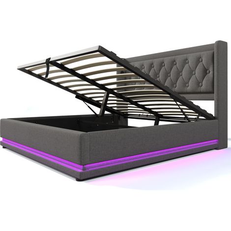 Letto matrimoniale 160x200 cm grigio in cotone con contenitore idraulico, LED 3 lati e USB-C (1/5)