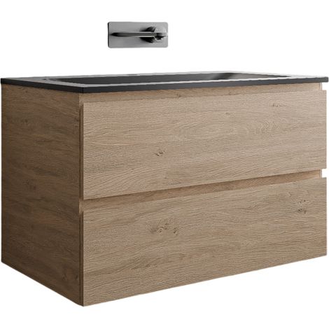 Unterschrank Bernstein AVA 80 cm mit Mineralguss Waschbecken BRUXELLES - Badmöbelfarbe Eiche Honiggold, Waschbecken Schwarz matt ohne Hahnloch