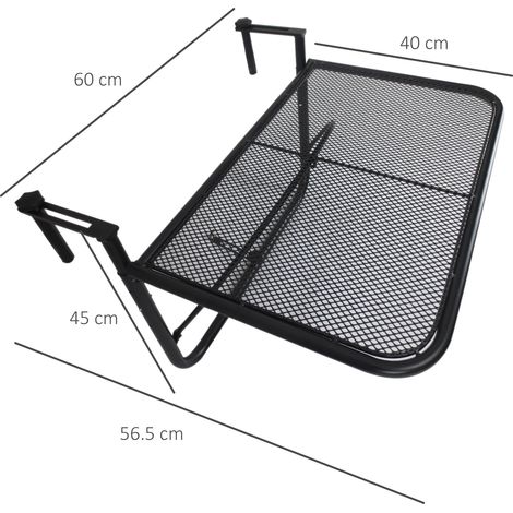 Table suspendue carrée en métal noir, réglable en hauteur, pour balcon et terrasse. Dimensions : 60 x 56,5 x 45 cm. (1/5)