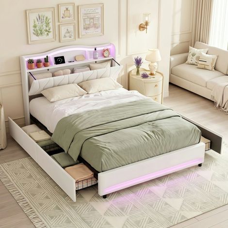 Letto Matrimoniale 140x200 con LED e Presa USB Type-C, Letto Imbottito in Tessuto Pile con 4 Cassetti e Testiera con Vano Contenitore Integrato - Beige (1/5)