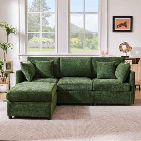 Canapé d'angle modulable 216x161 cm 3-4 places avec pouf mobile et 4 coussins, chenille verte pour salon (1/5)