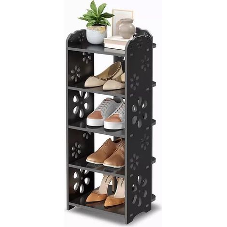 Schuhregal aus Holz und Kunststoff mit 5 Ebenen, Schuhregal, ausgeschnittenes Muster, dekorativ, 26 x 25 x 66 cm, Schwarz
