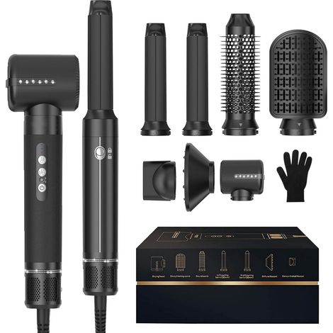 7-in-1 Hair Dryer Brush,  Powerful Hair Dryer Brush with Air Curler,  Hair Dryer Brush with Diffuser,  Hair Styling Tools,  Black