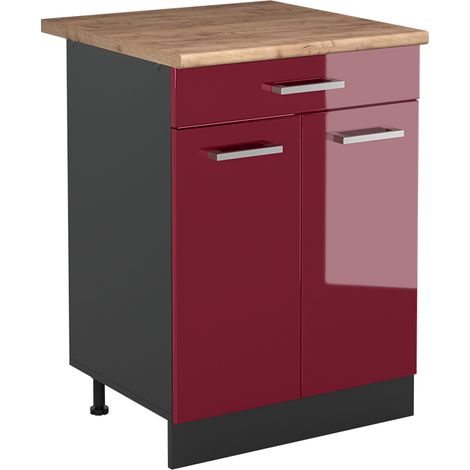 Mueble bajo de cocina R-Line, Rojo de alto brillo/Antracita, 60 cm con cajón encimera Roble dorado, Vicco