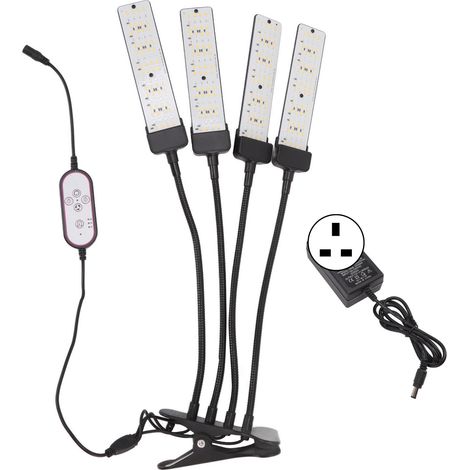 Lampe de culture LED 4 têtes flexible spectre complet 5 niveaux gradation pince plante avec minuterie prise UK 100-240V (1/5)