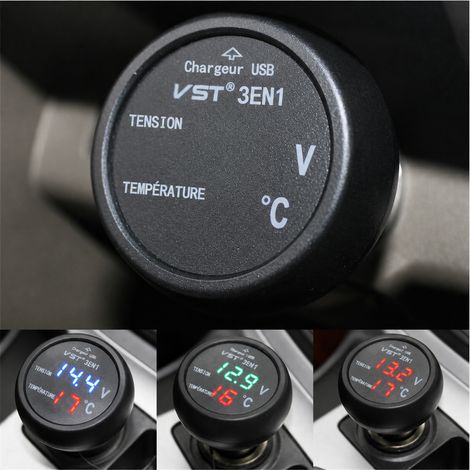 Thermomètre voltmètre horloge 3 en 1 pour voiture 12V/24V affichage tout rouge USB 5V 2.1A 100 g réf 6099 100 g – Livraison gratuite (1/5)
