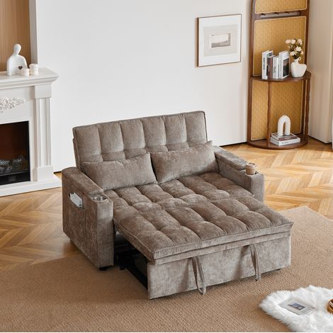 Canapé convertible 3-en-1 142 cm avec rangements et porte-gobelets, marron OKMYHOME (1/5)