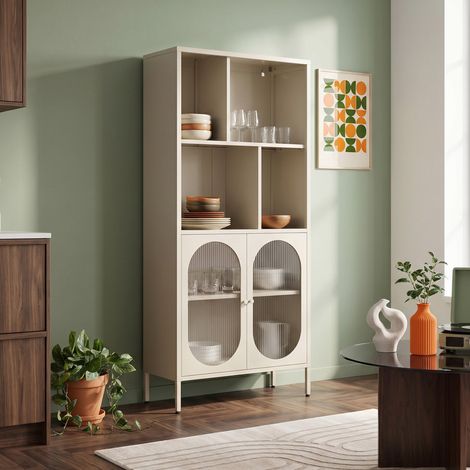 Bibliothèque industriel en métal H180cm 2 portes 4 niches beige et verre cannelé MILIE (1/5)
