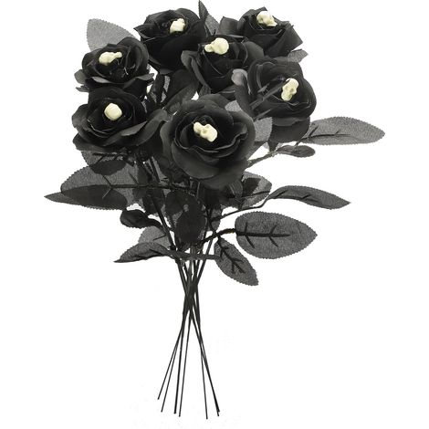 Rose artificielle réaliste flexible fausse fleur déco tête de mort pour fête Halloween noire (1/3)