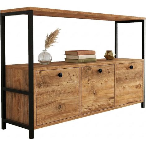 Amiterno Schrank, 4 Fächer, 3 Türen, Klappöffnung, 120x30x75h cm, Eiche Braun