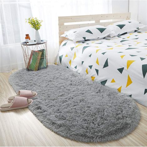 1 Tapis ovale, shaggy peluche 4,5cm, antidérapant, gris 79x162cm, chambre enfant salon (1/5)