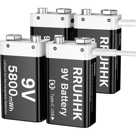(5800mWh) Piles 9V Rechargeables USB-C, Nouvelle Mise à Niveau de Rechange de Batterie Lithium 9 Volts de Haute capacité pour Alarme de fumée, multimètres, Walkie-Talkie, Jouets, etc. - Lot de 4 (1/5)