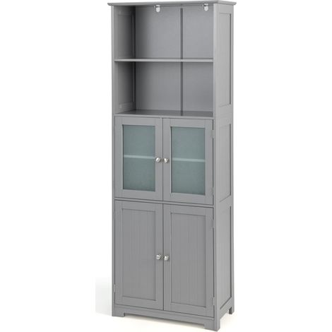 Costway – Meuble de rangement salle de bain colonne 60 x 30 x 163 cm – 2 armoires avec portes en verre trempé – 2 étagères réglables – MDF gris