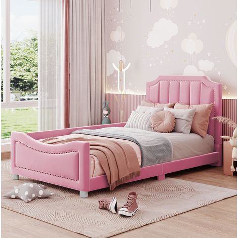 Cama infantil tapizada 90x200 cm con diseño curvo, madera/MDF y franela rosa, con cabecero, piecero y somier de láminas (1/5)