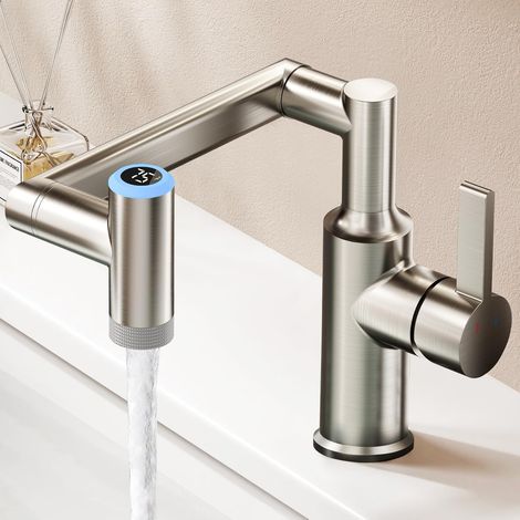 Robinet de salle de bain rotatif à 1080° KAIYING, robinet de lavabo moderne à 1 trou avec affichage de la température (sans piles), robinet intelligent réglable en hauteur avec 2 modes de sortie d'eau (1/5)