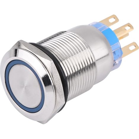 Interrupteur étanche autobloquant en acier inoxydable argenté 19 mm 12 V-24 V (anneau lumineux LED bleu) (1/5)