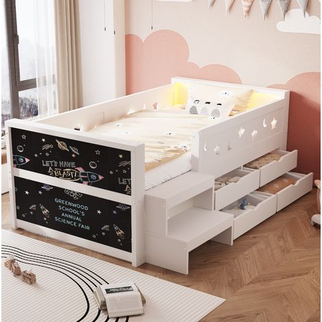 Cama infantil 90x200 cm blanca con barrotes de estrella y luna, LED, pizarra y cajones (1/5)