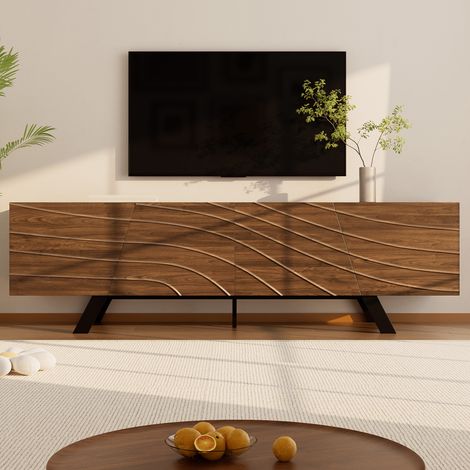 Meuble TV moderne à façade ondulée – Lowboard aspect noyer, pieds en fer noirs, grand espace de rangement, gestion des câbles et étagère – meuble pour salon, entrée (160×39×50.5 cm) (1/5)