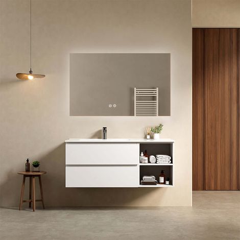 Mobile bagno sospeso 120 cm Bianco Lavabo a Sinistra in Ceramica Specchio Quadro Retroilluminato - Fiji Paint Plus (1/4)