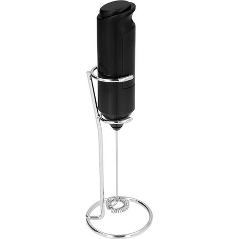 Mousseur à lait électrique portatif en acier inoxydable mat, mini mixeur à boissons silencieux avec base en métal noir et support. (1/5)