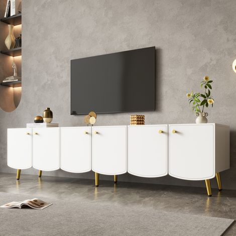 Mobile porta TV a 6 ante con vano contenitore, per soggiorno o camera da letto, 180x40x45 cm, in truciolato bianco e oro (1/5)