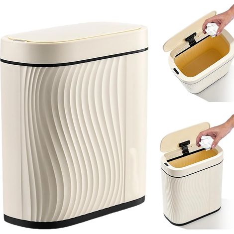 Poubelle à capteur, automatique, avec capteur, 8 l, avec couvercle, seau à fumier intelligent sans contact, détecteur de mouvement étroit pour maison, bureau, hôtel, restaurant (blanc) (1/5)