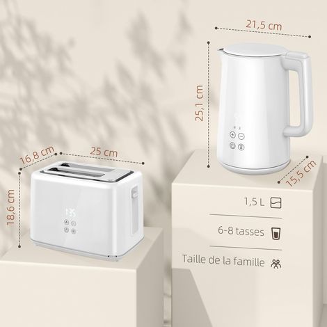 Ensemble bouilloire grille-pain, bouilloire en acier inoxydable 1,5 L et 2200 W et grille-pain à 2 tranches, crème (1/5)