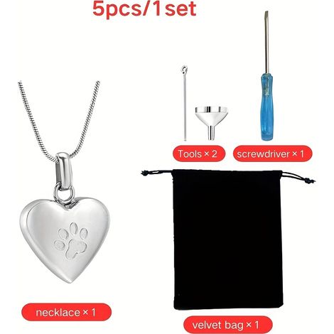 Ensemble de 5 pièces pour cendres d'animaux de compagnie : collier, urne en forme de cœur avec empreinte de patte, outils et pochette en velours inclus, souvenir pour les cendres de chien/chat