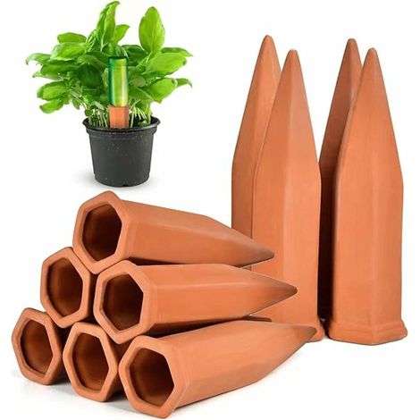 Juego de 10 soportes de terracota con autorriego para plantas, ideales para vacaciones, compatibles con botellas de vino. (1/5)