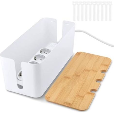 Kabelmanagementbox, Kabelabdeckung, Kabelorganisatorbox mit Bambusdeckel, Steckdosenabdeckung zur Organisation und zum Verstecken von Kabeln (1/5)