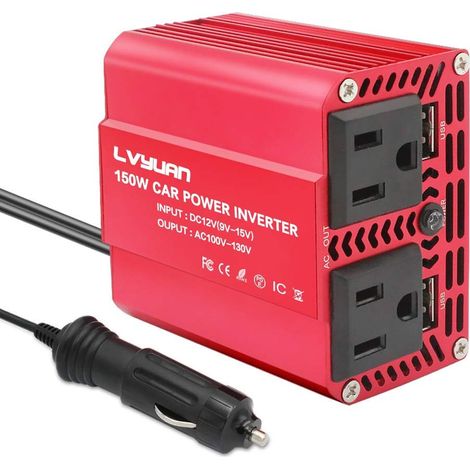 Onduleur de puissance de voiture 150W, 12V à 110V AC, adaptateur de chargeur de voiture avec double USB 3,1a, adaptateur de voiture pour prise et prise rouge (1/5)