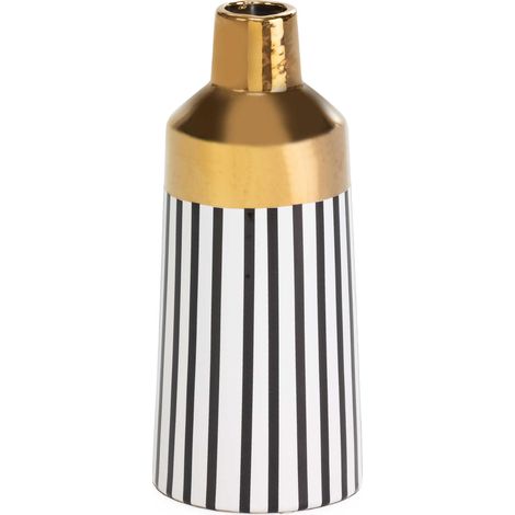 Vase élégant blanc doré design moderne - Blanc rayé noir avec touche dorée