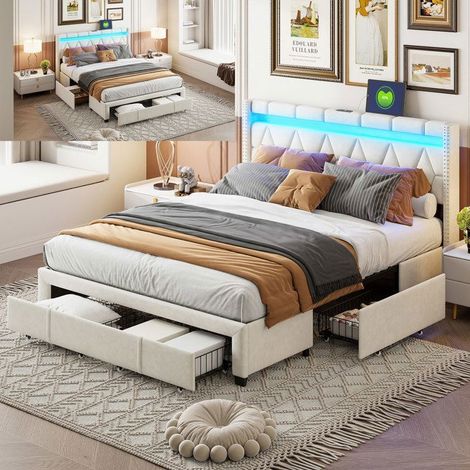 Letto matrimoniale 160x200 cm beige con LED, porte USB, 4 cassetti e rete a doghe - stile scandinavo