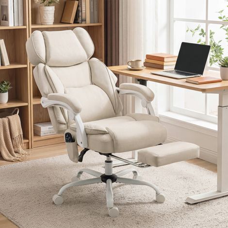 Fauteuil de bureau inclinable doté de massage vibratoire à 6 points, repose-tête réglable à la chaleur lombaire, repose-pieds crème