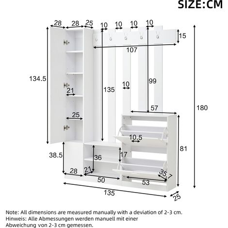 Ensemble de rangement d'entrée 135x25x180cm avec miroir, armoire suspendue et étagère, meuble compact avec 2 placards à chaussures à rabat inférieurs + 2 armoires de stockage, idéal pour couloirs et o (1/5)
