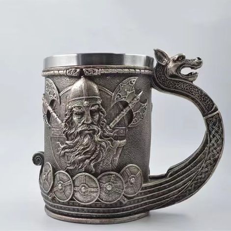 Bierkrug im nordischen Wikingerkrieger-Stil, mit Edelstahl ausgekleidet, Sammlerstück aus dem nordischen Raum (1/5)