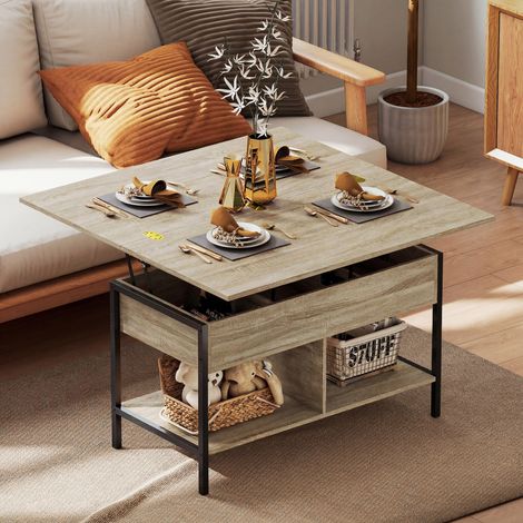 Table basse relevable et extensible, table de salon avec compartiment caché étagères ouvertes, 98x49x55cm, bois naturel (1/5)