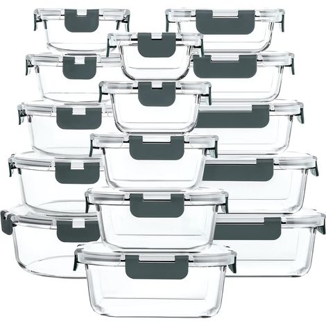 Ensemble de 30 articles conservation, boîtes alimentaires en verre avec couvercles à verrouillage rapide, conteneurs hermétiques pour la préparation des repas, passent au micro-ondes, four