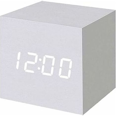 Digitaler Wecker aus Holz mit LED-Beleuchtung, digitaler Würfelwecker mit Datums- und Temperaturanzeige, USB-/Batterieanschluss (Weiß) (1/5)