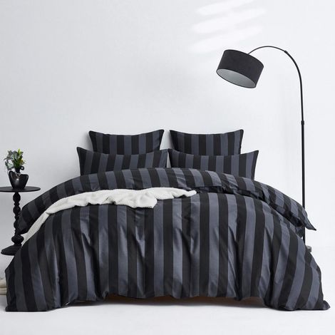 Bettwäsche 200x200 cm Baumwolle Dunkelgrau Gestreift 3-teilig mit Reißverschluss