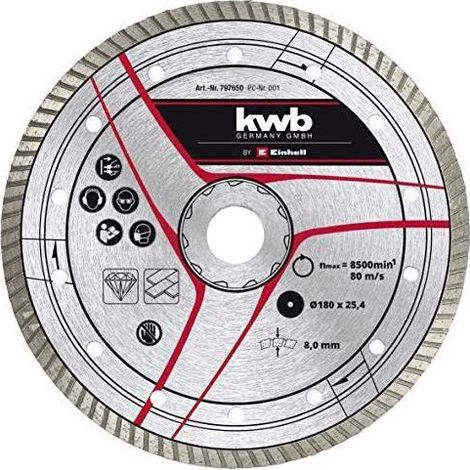 Einhell 49797650 Disco Diamantato Turbo 180x25,4 mm per Tagliapiastrelle Gres Porcellanato Travertino 8500 giri-min