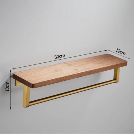 Étagère de rangement murale en noyer (plat avec barre - 50 cm) avec miroir, fixation murale monobloc sans perçage, pour salle de bain. Organisateur de serviettes quotidien. (1/5)