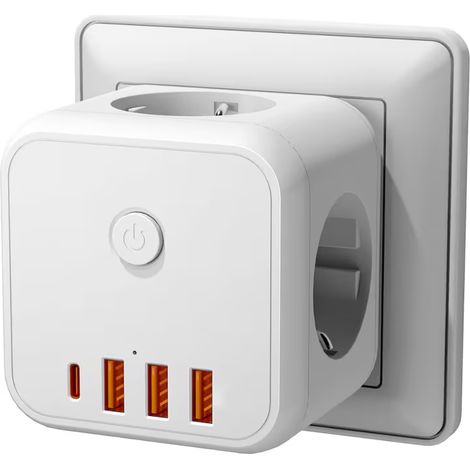 Multiprise 7 En 1 - 3 Prises Secteur 4000 W - 3 Ports USB - 1 Port USB Type C - Interrupteur Intégré - Blanc
