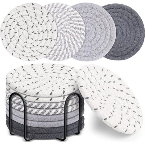 Un juego de 8 posavasos de punto de algodón absorbente, perfectos para la decoración de la sala de estar, 4,3 pulgadas (gris). (1/5)