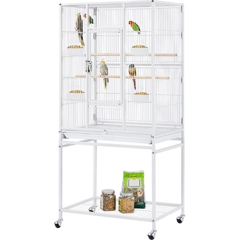Yaheetech Grande Cage/Volière Oiseaux avec Support Détable à roulettes Cage pour Perroquet Gris du Gabon Canaris Parakeet Calopsitte élégante Pinson 65,5 x 42,5 x 136,5 cm Blanc