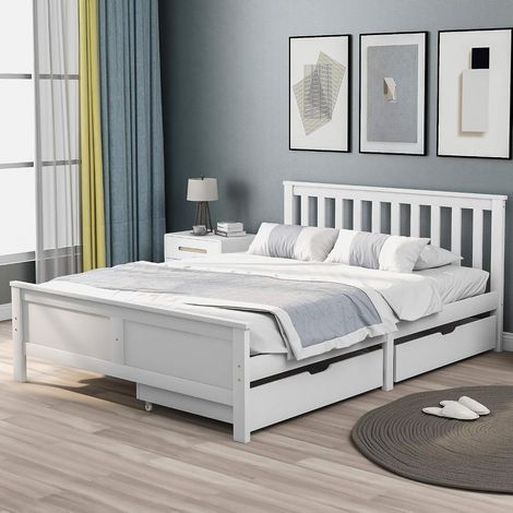 Solid wood bed frame with 2 drawers, 1.2m, 6-seater. White bed frame for adults, children, and teenagers (UK only). (1/5)
